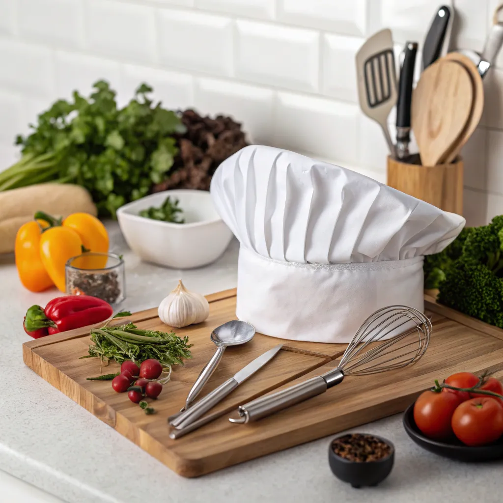An image of a chef's hat, a set of cooking utensils, and fresh ingredients on a kitchen counter